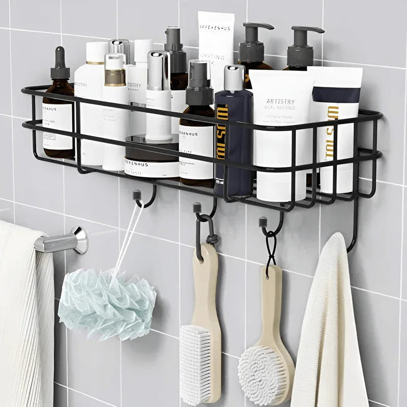 Self-adhesive multipurpose bathroom shelf with hooks - Prozone
