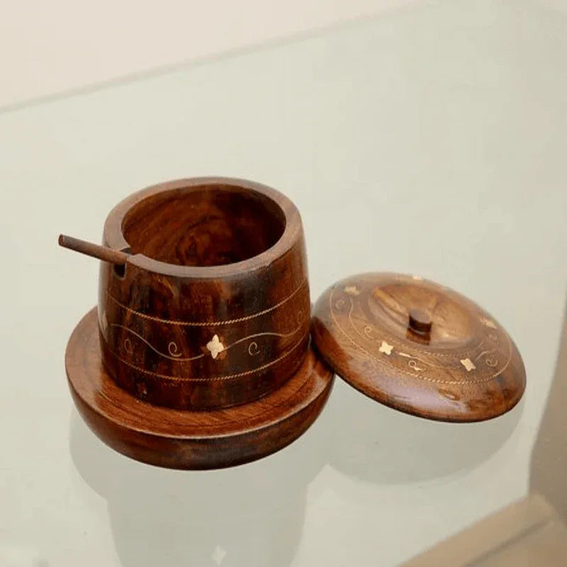 Wooden sugar pot brass engraved - Prozone