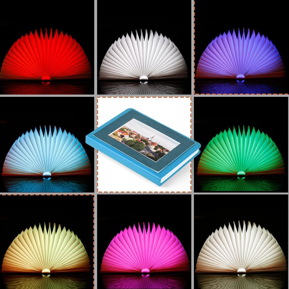 Collage of a colorful folding book light in various colors.