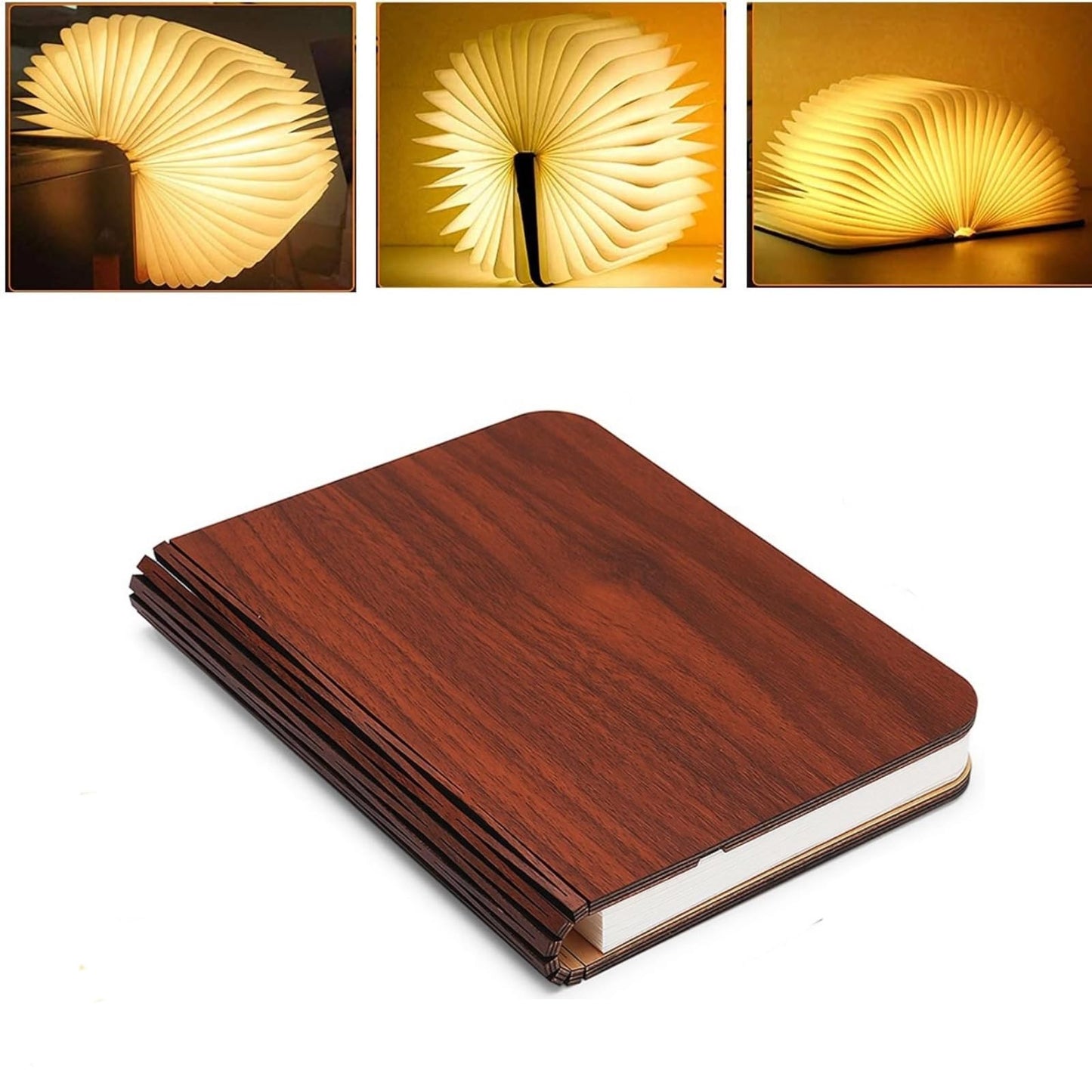 Wooden book-shaped lamp with glowing interior on a white background