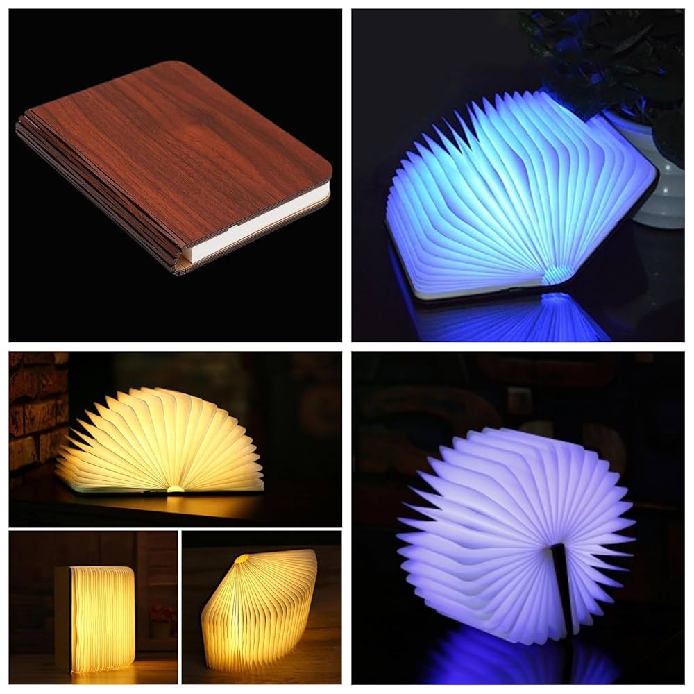Collage of a wooden book-shaped lamp and a glowing LED lamp in various colors.
