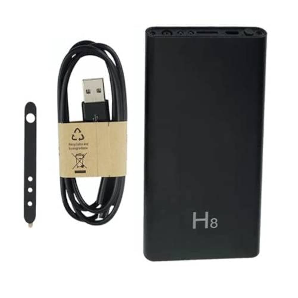 Black power bank with 'H8' branding and a USB cable on a white background
