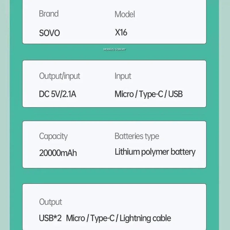 Sovo x16 20000 mah power bank with built in cables - Prozone