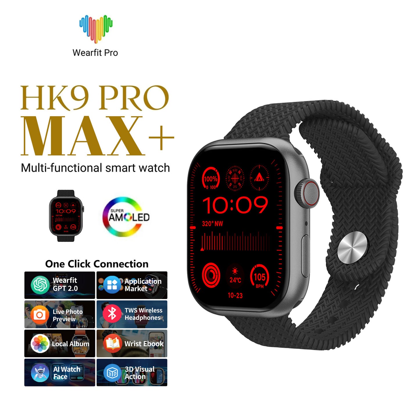 HK9 PRO MAX+ SMARTWATCH 2.02 AMOLED SCREEN SUPPORT LOCAL MUSIC TWS CONNECTION