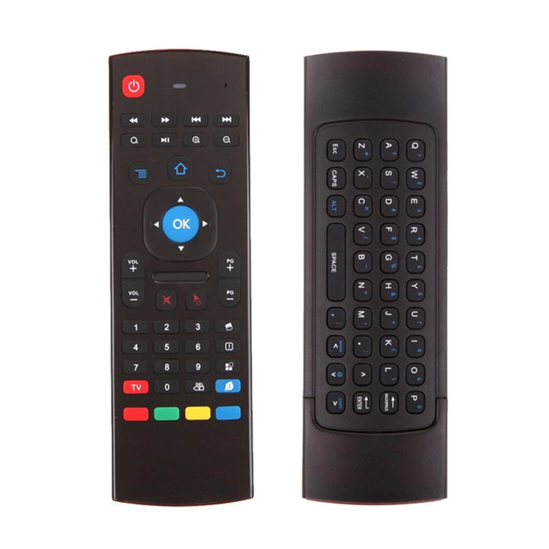 Black remote control with keyboard on a white background