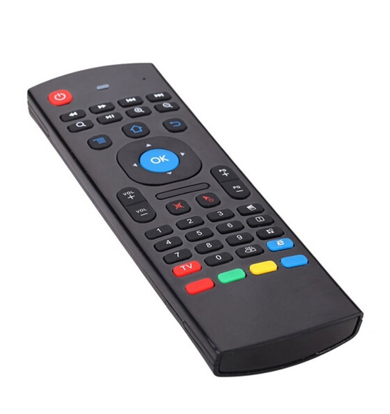 Black remote control with colorful buttons on a white background