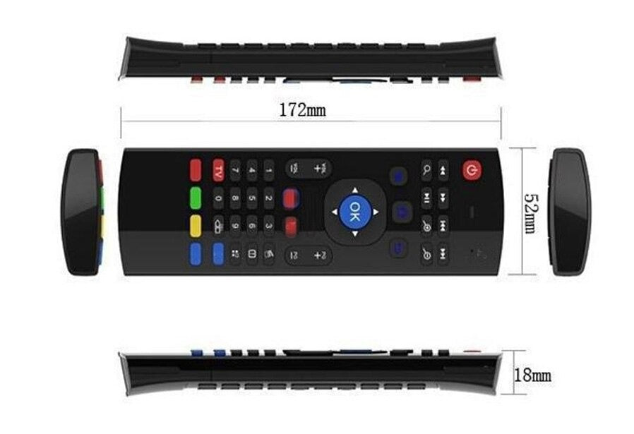 Black remote control with labeled dimensions on a white background
