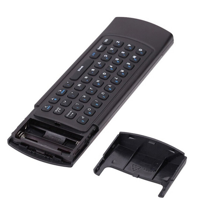 Black keyboard remote control with detachable cover on a white background