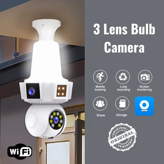 Three lens bulb camera with features listed on a gray background
