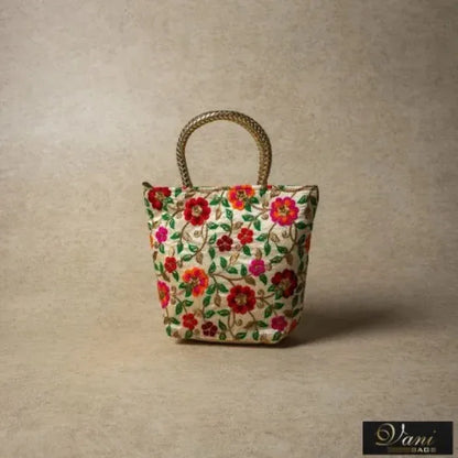 Gold handle flower bloom leather handbag - Prozone