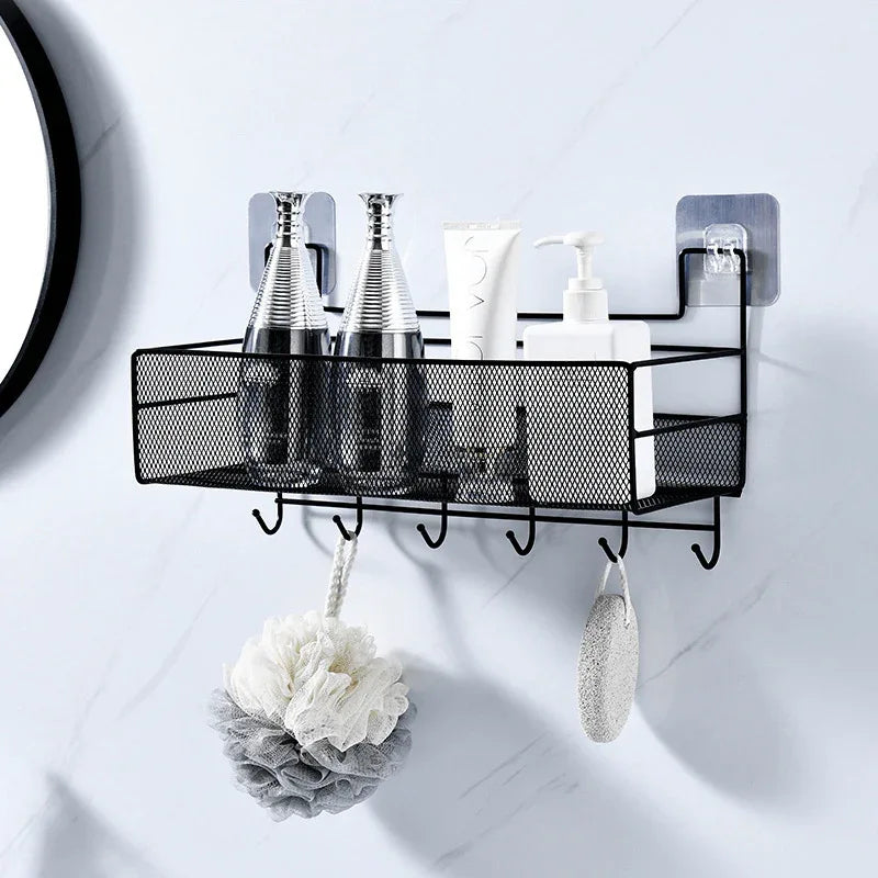 Self-adhesive wall-mounted iron shelf with hooks - Prozone