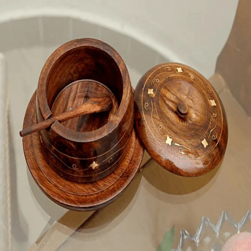 Wooden sugar pot brass engraved - Prozone