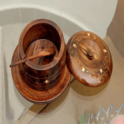 Wooden sugar pot brass engraved - Prozone