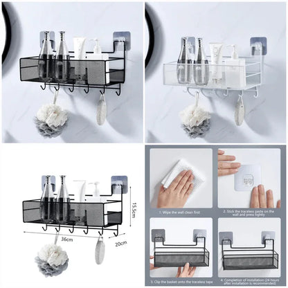 Self-adhesive wall-mounted iron shelf with hooks - Prozone