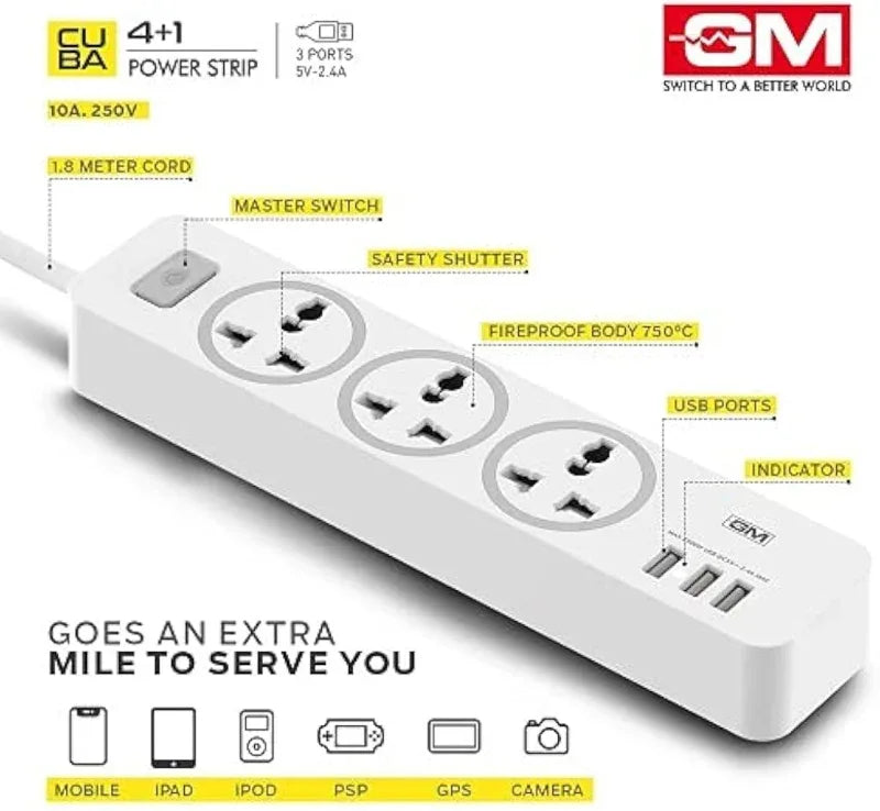Speed x-303 power strip socket 3 switch sockets and 3 usb ports - Prozone