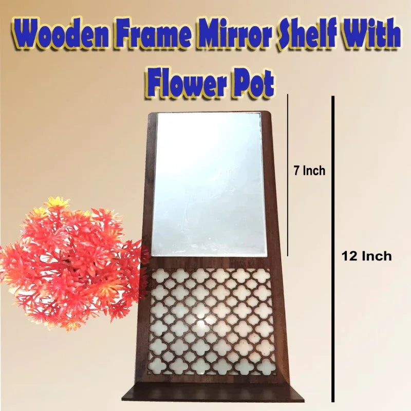 Wooden Frame Acrylic Mirror Shelf With 1 Pc of flower pot - Prozone
