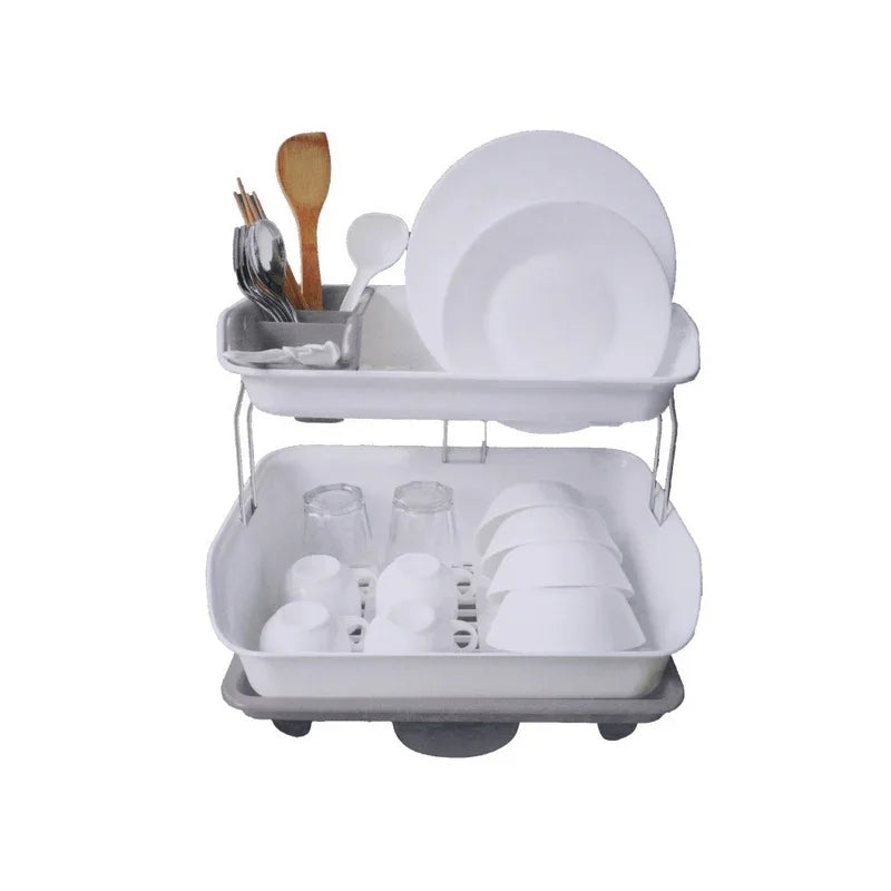 Double tier dish drying rack with rotatable drainer tray - Prozone