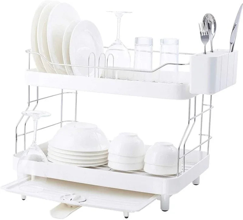 Double tier dish drying rack with rotatable drainer tray - Prozone