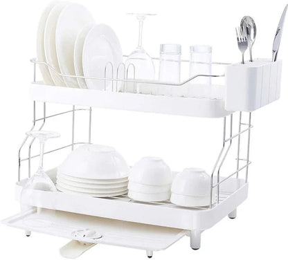 Double tier dish drying rack with rotatable drainer tray - Prozone
