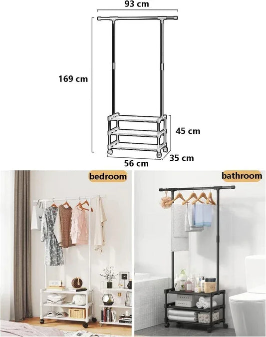 Metal coat stand with shoe rack, clothes rack hanging rail - Prozone