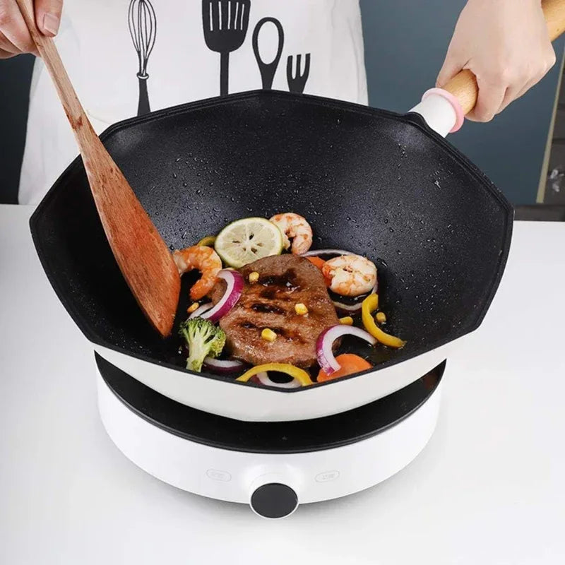 Non stick korean octagonal shape skillet with lid & wood handle - Prozone