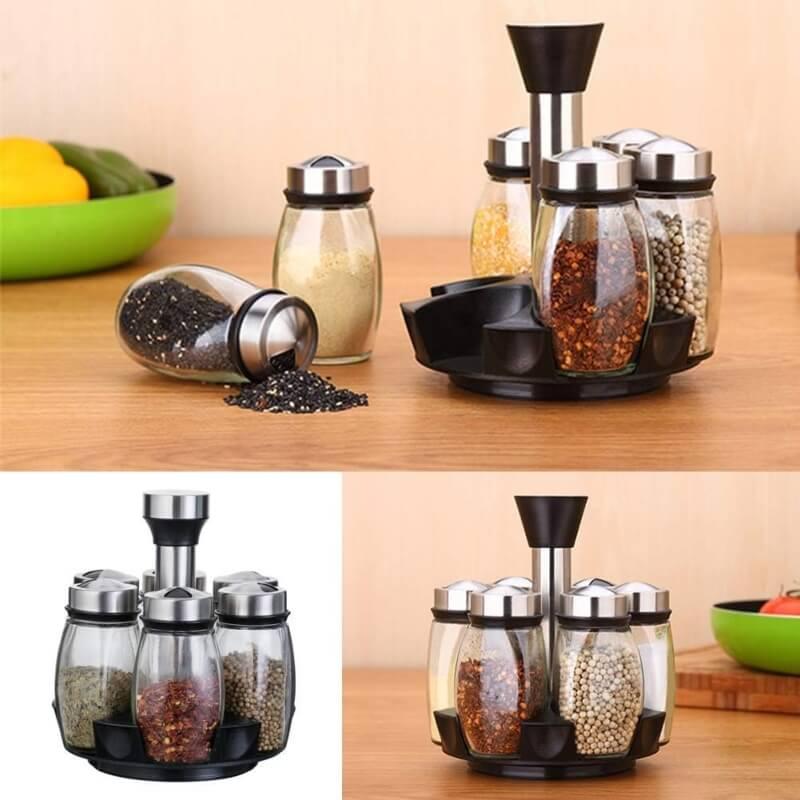 Rotating 6 bottles spice rack glass material - Prozone