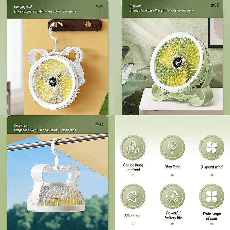 360° rotation with night breathing light portable fan with hook - Prozone