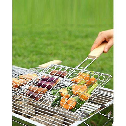 Chrome plated barbecue grill net basket + wood handle medium - Prozone