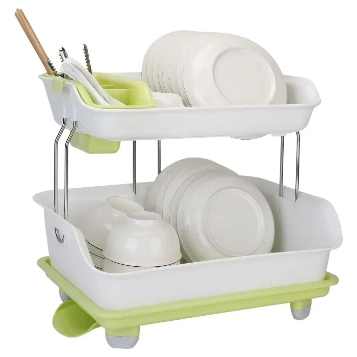 Double tier dish drying rack with rotatable drainer tray - Prozone