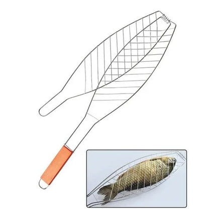 Fish grill basket + outdoor barbecue grill clip +wood handle - Prozone