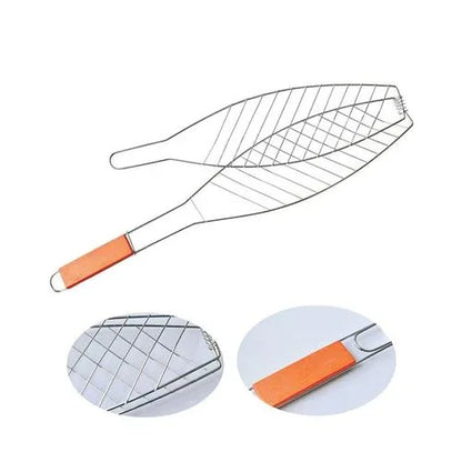 Fish grill basket + outdoor barbecue grill clip +wood handle - Prozone