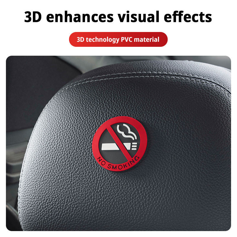 Car headrest cover with no smoking symbol and text '3D enhances visual effects' on a black background