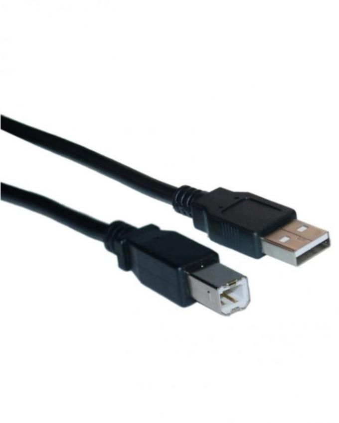 A standard USB printer cable with a Type-A connector on one end and a Type-B connector on the other, colored in black.