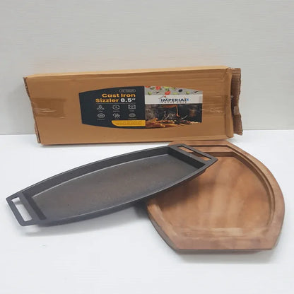 Imperial cast iron sizzler plate with thick wood base 8.5 inch - Prozone