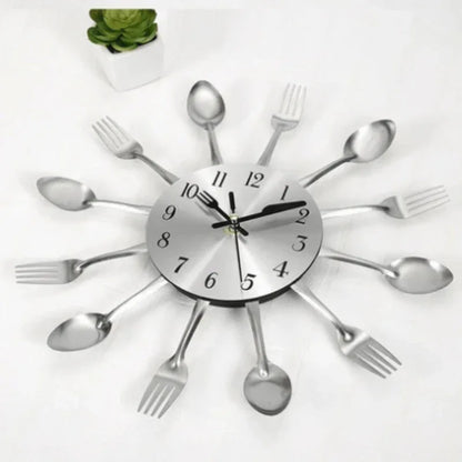 Silver fork spoon kitchen cutlery wall clock  - Prozone
