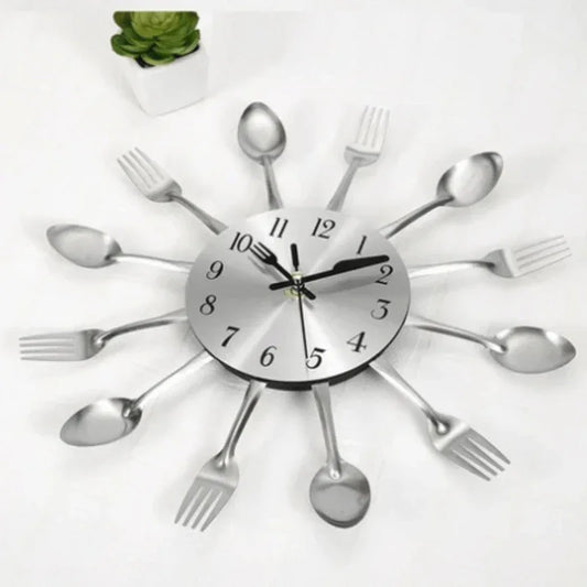 Silver fork spoon kitchen cutlery wall clock  - Prozone