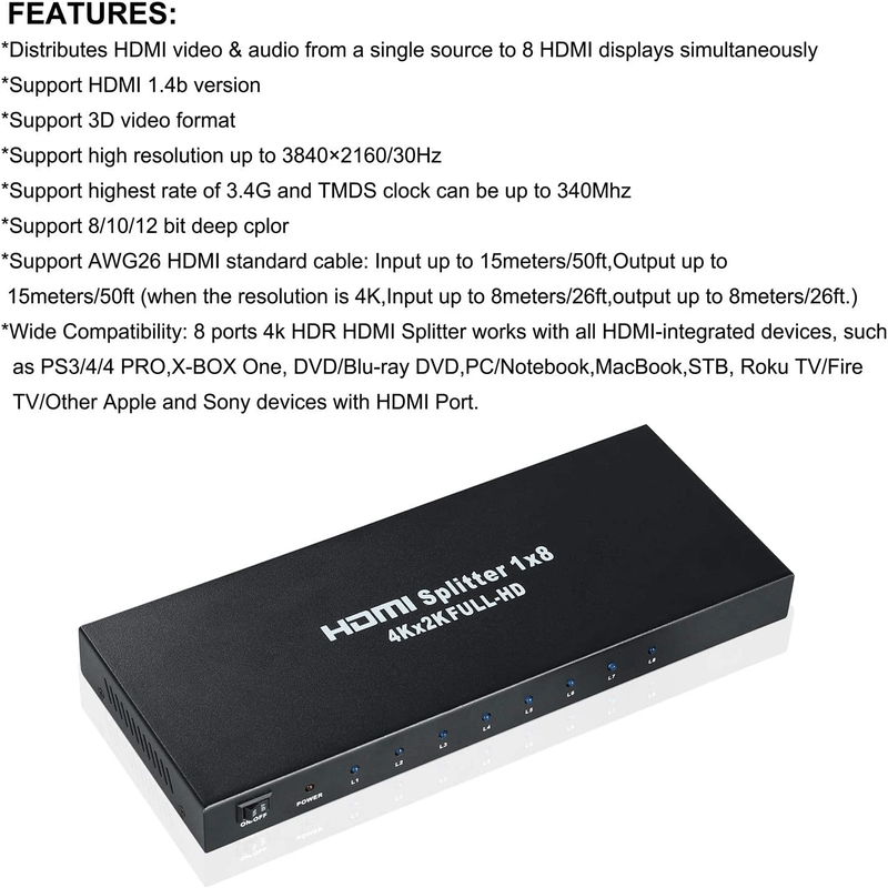 1 in 8 powered 4k hdmi splitter with charger