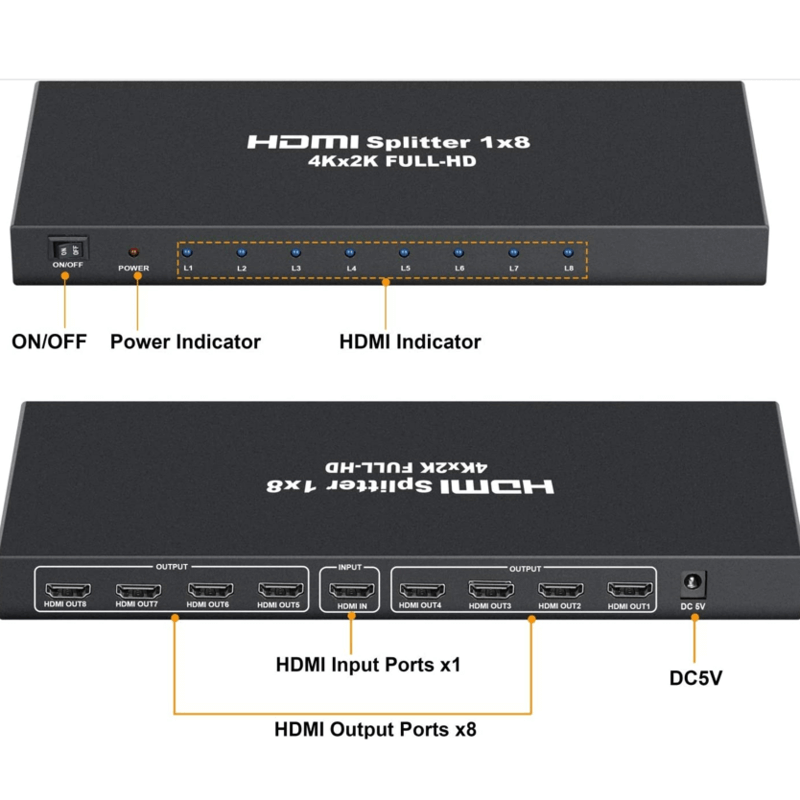 1 in 8 powered 4k hdmi splitter with charger