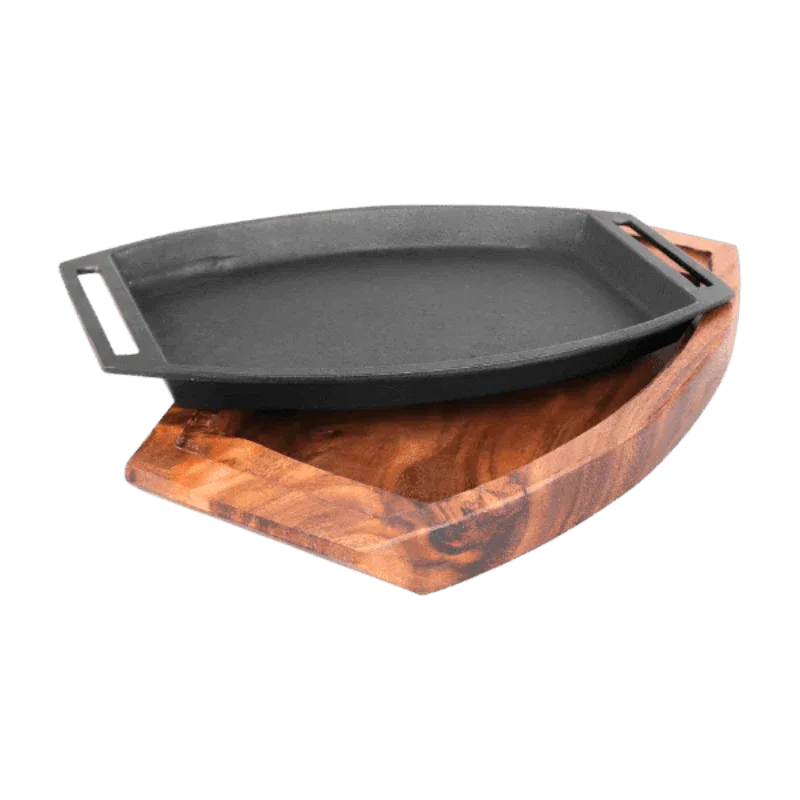 Imperial cast iron sizzler plate with thick wood base 8.5 inch - Prozone