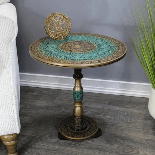 Natural rosewood round accent table turquoise - Prozone