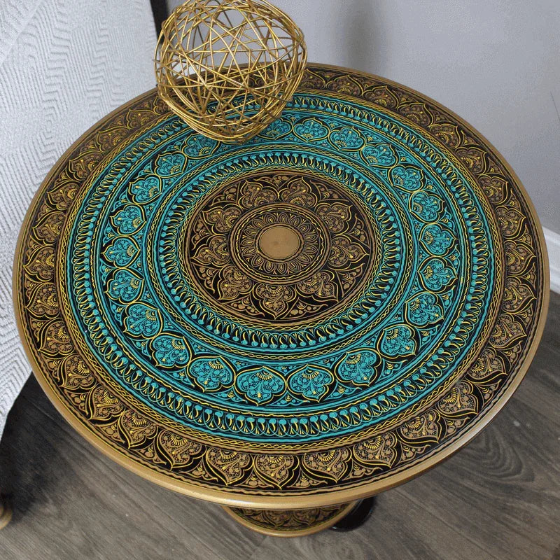 Natural rosewood round accent table turquoise - Prozone