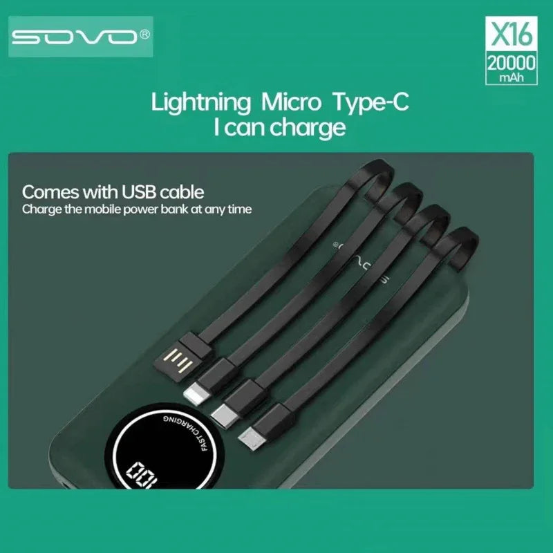Sovo x16 20000 mah power bank with built in cables - Prozone