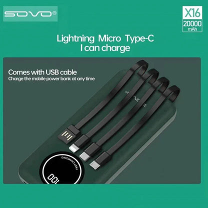 Sovo x16 20000 mah power bank with built in cables - Prozone