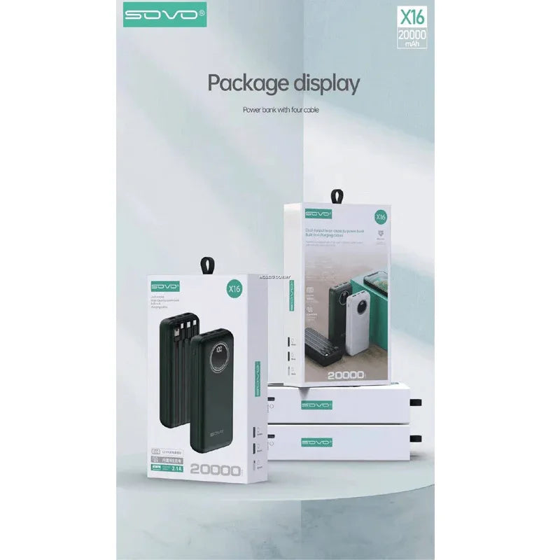 Sovo x16 20000 mah power bank with built in cables - Prozone