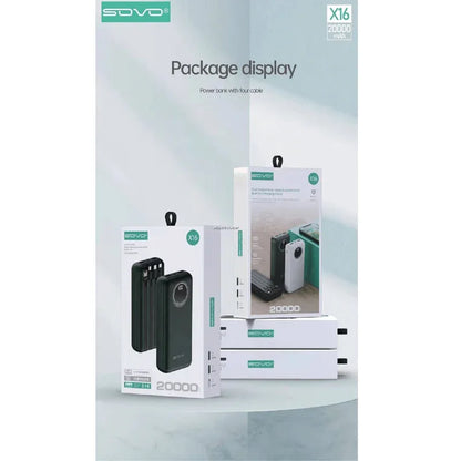 Sovo x16 20000 mah power bank with built in cables - Prozone