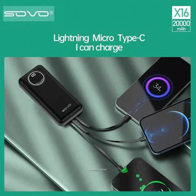 Sovo x16 20000 mah power bank with built in cables - Prozone