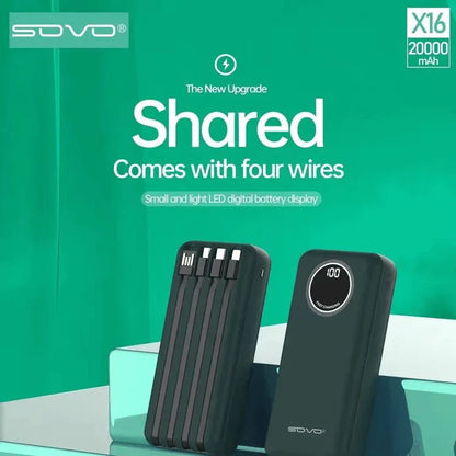 Sovo x16 20000 mah power bank with built in cables - Prozone
