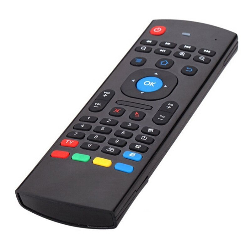 Black remote control with colorful buttons on a white background