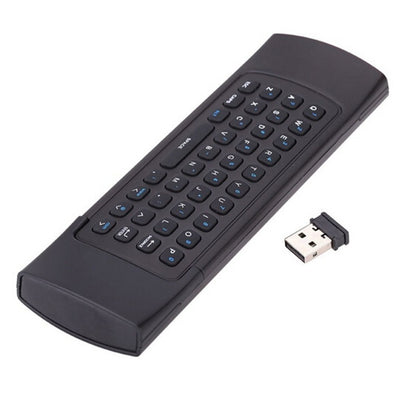 Black wireless keyboard remote control with USB receiver on a white background