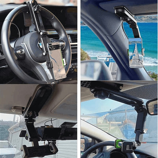 Collage of car accessories including a steering wheel mount, dashboard mount, and windshield mount with phone holders.